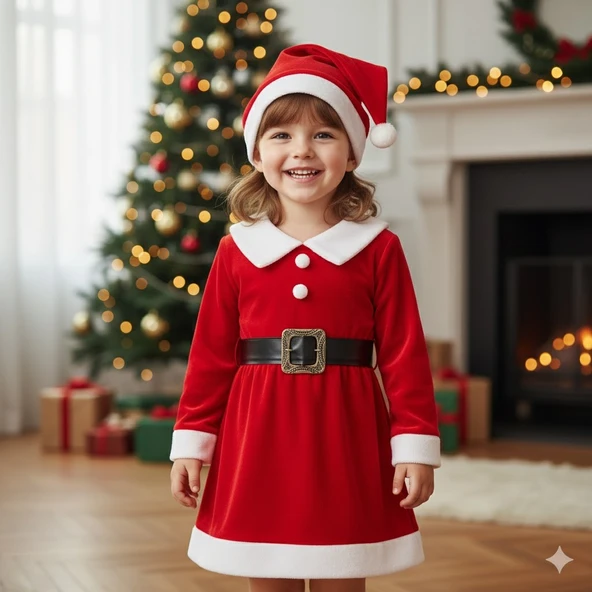 KIZ ÇOCUK YILBAŞI NOEL TEMALI NOEL BABA ELBİSESİ - Resim 2