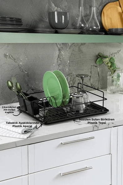 Tek Katlı Siyah Bulaşıklık – Dayanıklı Paslanmaz Termoplastik Kaplama Bulaşık Sepeti, Tepsili, Tabak ve Kaşık Kurutmalık - (TB-01 E) - Resim 2