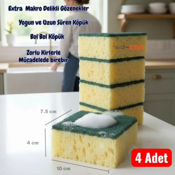 Technow Softtex Çift Taraflı  Çizmez  Ekonomik Mercan Bulaşık Sünger 4 Adet ürün görseli 1