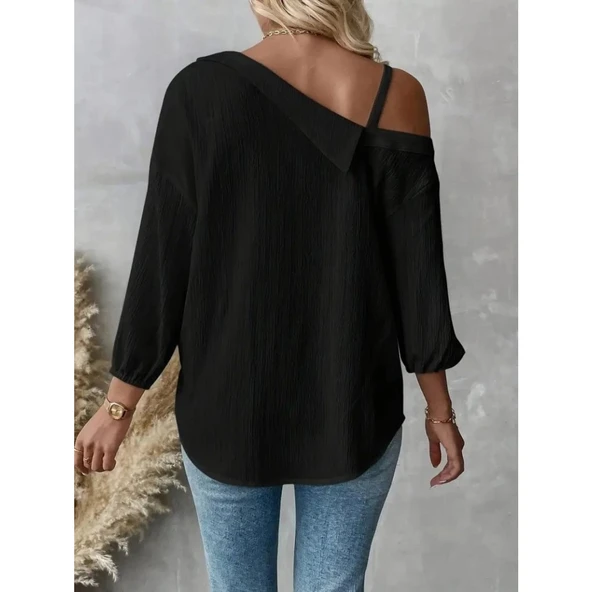 Lucky Life Kadın Tek Omuzdan Açık Askılı Uzun Kollu Yakalı önden Düğmeli Gömlek - Resim 5