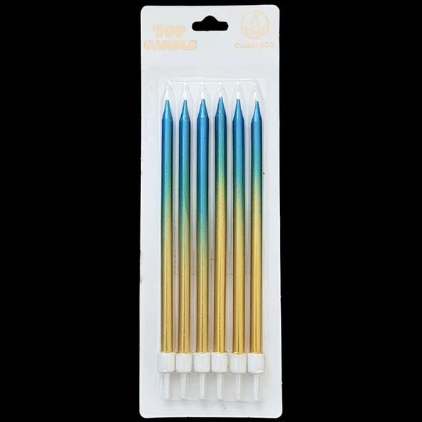 Altın Mavi Geçişli Metalik İnce Uzun Pasta Mum 16 cm * 6 Adet ürün görseli 1