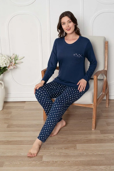 Kadın Bisiklet Yaka Düğmesiz Dökümlü Viskon Mevsimlik Uzun Kol Cepli Pijama Takımı - Resim 10