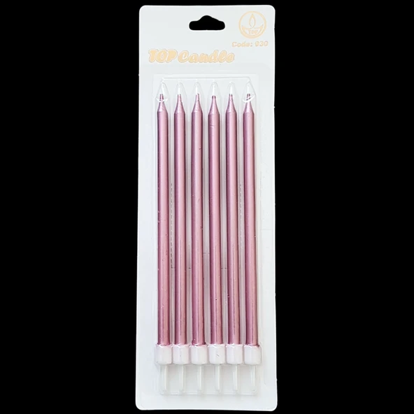 Pembe Metalik İnce Uzun Pasta Mum 14 cm * 6 Adet ürün görseli 1
