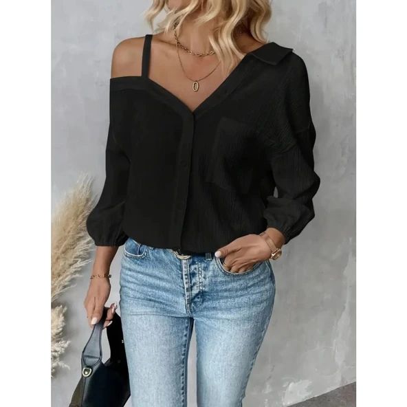 Lucky Life Kadın Tek Omuzdan Açık Askılı Uzun Kollu Yakalı önden Düğmeli Gömlek - Resim 3