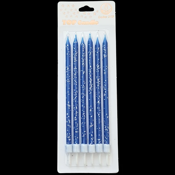 Mavi Gümüş Pullu İnce Uzun Pasta Mum 16 cm * 6 Adet ürün görseli 1