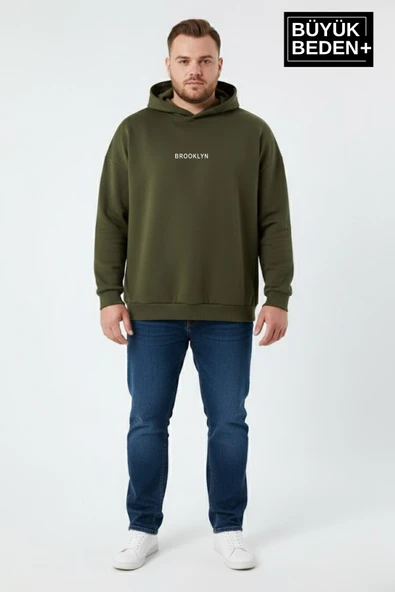 Erkek Büyük Beden Kapüşonlu Orta Brooklyn Baskılı Sweatshirt SPR26BSW961 - Resim 9