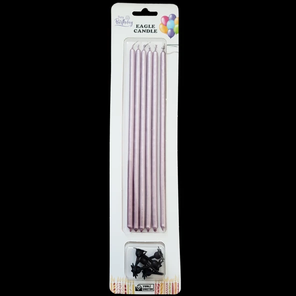 Pembe Metalik İnce Uzun Pasta Mum 20 cm * 6 Adet ürün görseli 1