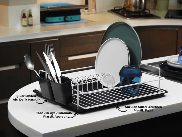 Tek Katlı Beyaz Bulaşıklık – Dayanıklı Paslanmaz Termoplastik Kaplama Bulaşık Sepeti, Tepsili, Tabak ve Kaşık Kurutmalık - TB-01 E - Resim 6