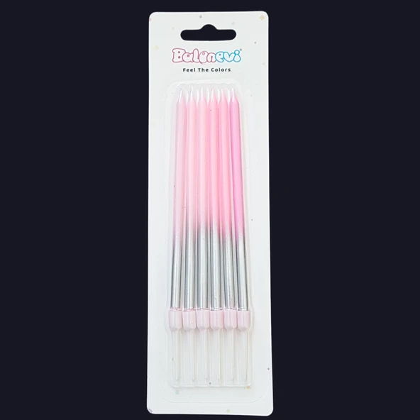 Gümüş Geçişli Pembe İnce Uzun Pasta Mum 13 cm * 6 Adet ürün görseli 1