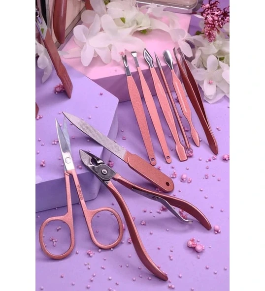 Profesyonel Çantalı Tırnak Bakım Manikür Seti Pembe Renk 12 Parça - Resim 3