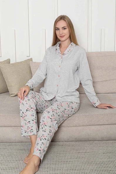 Kadın Bej Kalpli Mevsimlik Boydan Önden Düğmeli Gömlek Yaka Likralı Viskon Uzun Kol Cepli Pijama Takımı - Resim 5