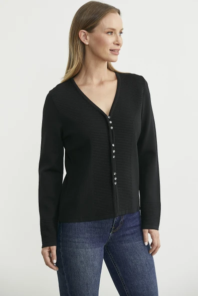 Düğme Kapamalı V Yaka Triko Hırka - Siyah - Resim 3