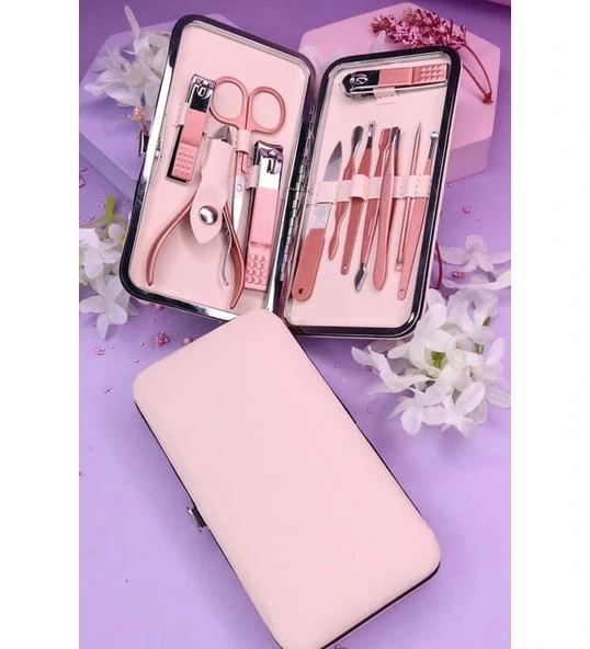 Profesyonel Çantalı Tırnak Bakım Manikür Seti Pembe Renk 12 Parça ürün görseli 1