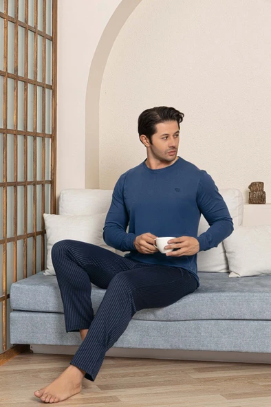 Erkek Düğmesiz Çizgili Jakar Kumaş Mevsimlik Kol Manşetli Uzun Kol Cepli Pijama Takımı - Resim 3