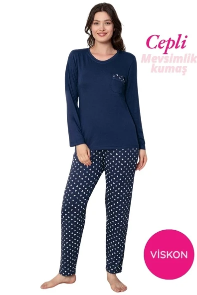 Kadın Bisiklet Yaka Düğmesiz Dökümlü Viskon Mevsimlik Uzun Kol Cepli Pijama Takımı - Resim 6