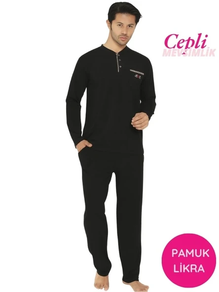 Erkek Siyah Bisiklet Yaka 3 Düğmeli Göğüs Cepli Pamuk Likra Mevsimlik Uzun Kol Cepli Pijama Takımı ürün görseli 1