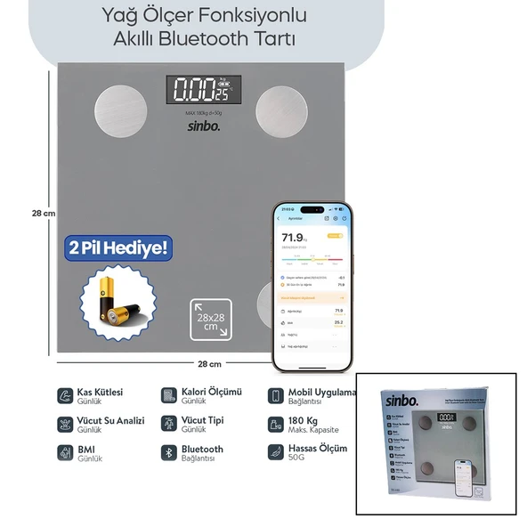 GRİ YAĞ ÖLÇER AKILLI BLUETOOTH CAM BASKÜL PİLLİ 180KG/50GR 28X28CM 8-KİŞİ HAFIZA LCD EKRAN ℃ GÖSTERGE SBS-4469 (2818) ürün görseli 1