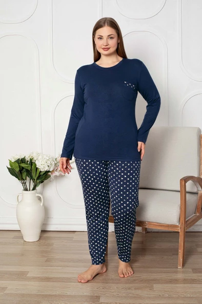 Kadın Bisiklet Yaka Düğmesiz Dökümlü Viskon Mevsimlik Uzun Kol Cepli Pijama Takımı - Resim 3