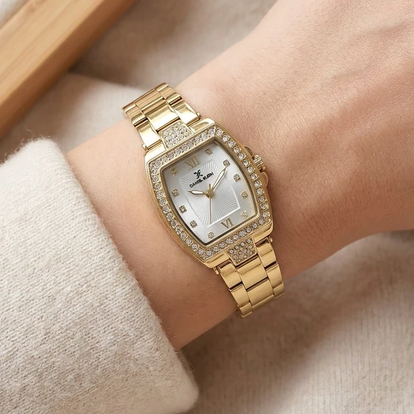 Daniel Klein DK.1.10842.2 Altın Sarı Gold Kavisli Dikdörtgen Model Taşlı Premium Kadın Kol Saati - Resim 3