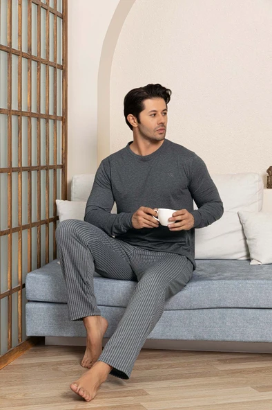 Erkek Düğmesiz Çizgili Jakar Kumaş Mevsimlik Kol Manşetli Uzun Kol Cepli Pijama Takımı - Resim 6