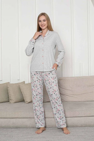 Kadın Bej Kalpli Mevsimlik Boydan Önden Düğmeli Gömlek Yaka Likralı Viskon Uzun Kol Cepli Pijama Takımı - Resim 9