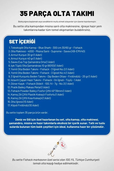 35 Parça Tam Takım Olta Seti - 300cm Kamış 30-60GR / 40'lık Makine - Tüm Deniz ve Göller İçin - Resim 2