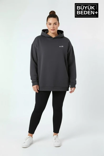 Kadın Büyük Beden AR Baskılı Kapüşonlu Sweatshirt SPR26BSWK963 - Resim 8