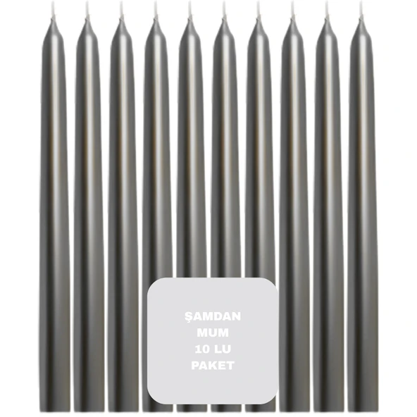Gümüş Renkli Şamdan Mum 10 Lu Paket 25 cm ürün görseli 1