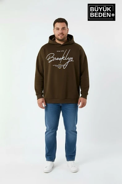 Erkek Büyük Beden Kapşonlu El Yazılı Brooklyn Baskılı İnce Swatshırt SPR25BSW958 - Resim 5