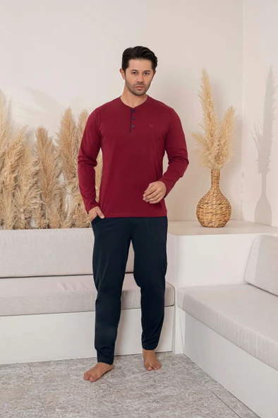 Erkek 3 Düğmeli %100 Pamuk Mevsimlik Uzun Kol Cepli Pijama Takımı - Resim 5