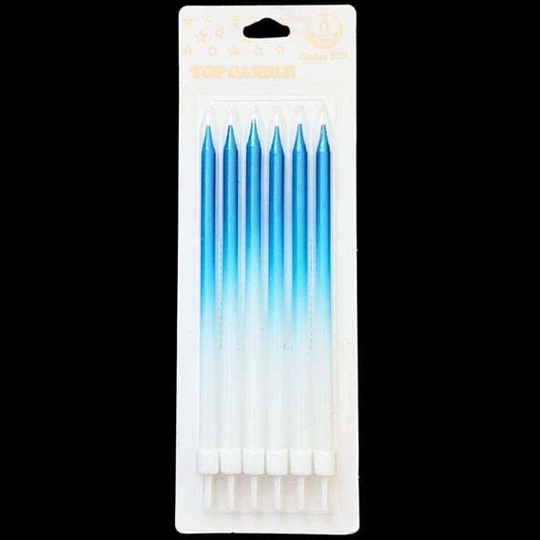 Mavi Beyaz Renk Geçişli İnce Uzun Pasta Mum 16 cm * 6 Adet ürün görseli 1