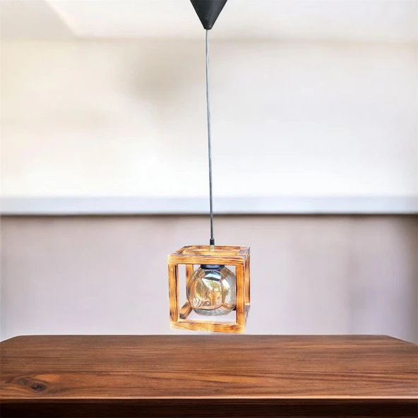 kare camlı ahşap avize ürün görseli