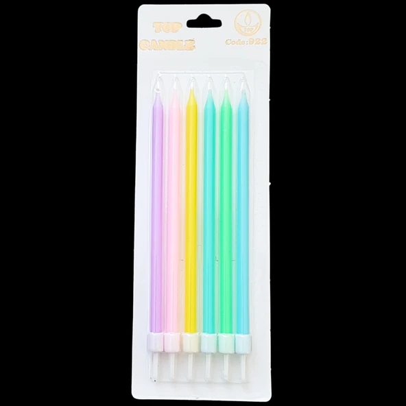 Karışık Makaron Renkli İnce Uzun Pasta Mum 16 cm * 6 Adet ürün görseli 1