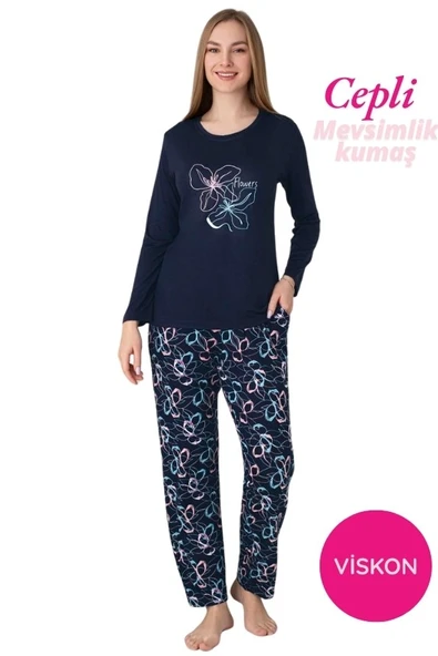 Kadın Bisiklet Yaka Düğmesiz Dökümlü Viskon Mevsimlik Uzun Kol Cepli Pijama Takımı - Resim 5