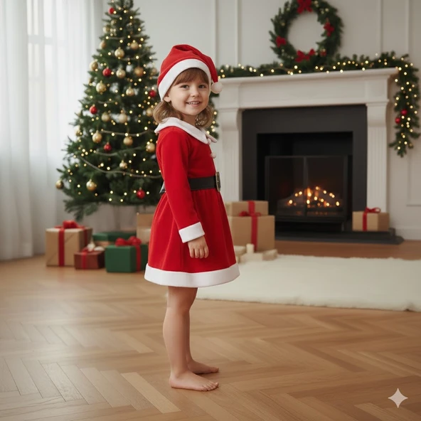 KIZ ÇOCUK YILBAŞI NOEL TEMALI NOEL BABA ELBİSESİ - Resim 3