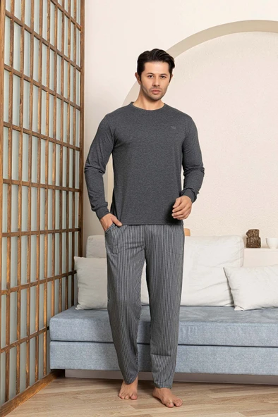 Erkek Düğmesiz Çizgili Jakar Kumaş Mevsimlik Kol Manşetli Uzun Kol Cepli Pijama Takımı - Resim 10