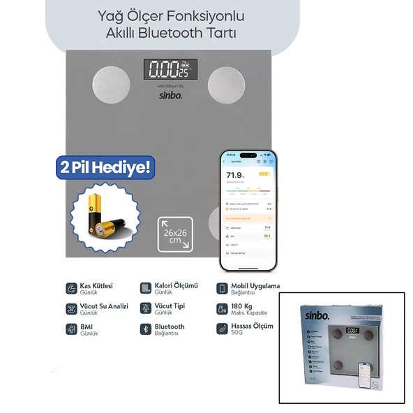GRİ YAĞ ÖLÇER AKILLI BLUETOOTH CAM BASKÜL PİLLİ 180KG/50GR 26X26CM 8-KİŞİ HAFIZA LCD EKRAN ℃ GÖSTERGE SBS-4473 (2818) ürün görseli 1