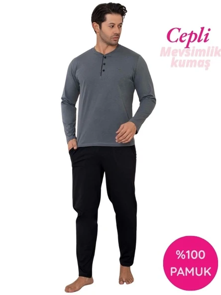 Erkek 3 Düğmeli %100 Pamuk Mevsimlik Uzun Kol Cepli Pijama Takımı - Resim 11