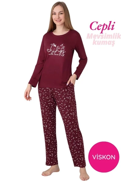 Kadın Bisiklet Yaka Düğmesiz Dökümlü Viskon Mevsimlik Uzun Kol Cepli Pijama Takımı ürün görseli 1