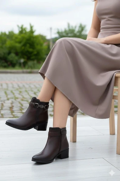 Fort 1094 Rahat Esnek Toka Detaylı Sıcak Astar 4 Cm yüksek Topuk Kadın Bot - Resim 6