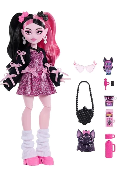 Bebek, Pembe Fiyonklu Elbise ve Siyah Hırka ile Draculaura JHK29 - Resim 3