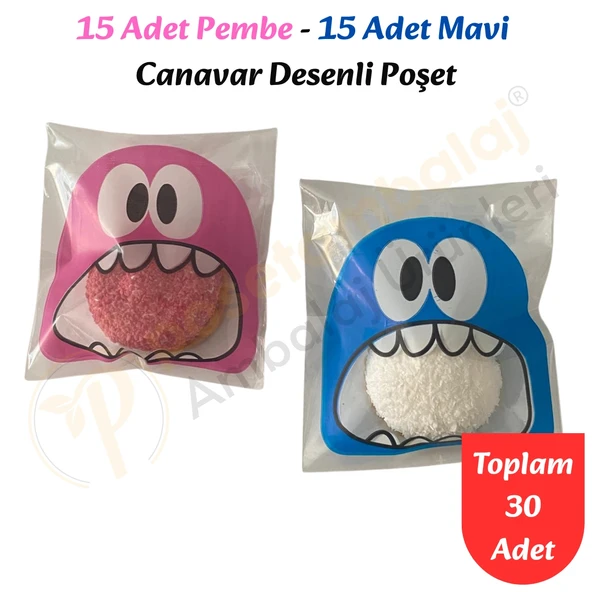 30 Adet Pembe-Mavi Renkli Canavar Desenli Cake Pop & Kurabiye Poşeti-10x15 cm ürün görseli 1