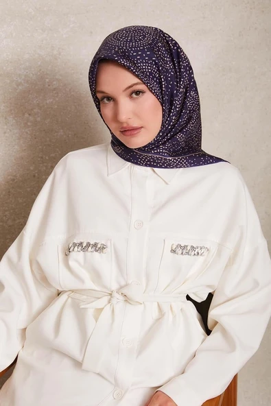 Noktalı Daireler Baskı Twill İpek Eşarp-0933 - Resim 4