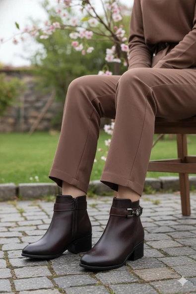 Fort 1094 Rahat Esnek Toka Detaylı Sıcak Astar 4 Cm yüksek Topuk Kadın Bot - Resim 7