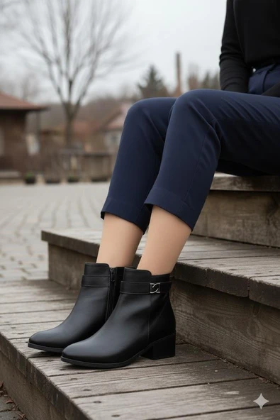 Fort 1095 Rahat Esnek Toka Detaylı Sıcak Astar 4 Cm yüksek Topuk Kadın Bot - Resim 5