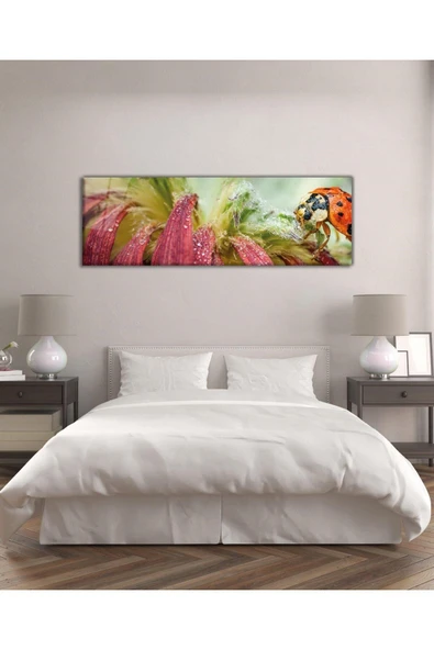 Çiçek ve Uğurböceği Panoramik Cam Tablo Hediyelik Büyük Tablo Ev Ofis Dekoru - Resim 3