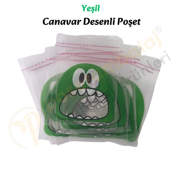 50 Adet Yeşil Canavar Desenli Cake Pop & Kurabiye Poşeti-10x15 cm - Resim 2
