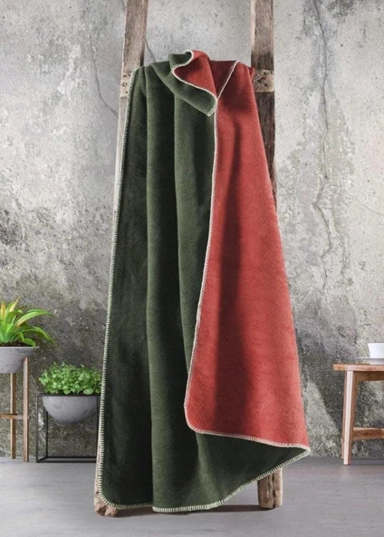 Çift Kişilik Düz Pamuklu Battaniye çift taraflı 200 + 220 yeşil-kırmızı - Resim 4