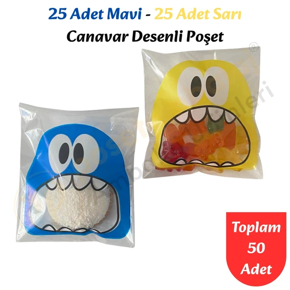 50 Adet Mavi-Sarı Renkli Canavar Desenli Cake Pop & Kurabiye Poşeti-10x15 cm ürün görseli 1