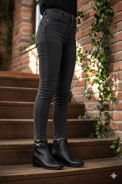 Fort 1092 Rahat Esnek Toka Detaylı Sıcak Astar 4 Cm yüksek Topuk Kadın Bot - Resim 6